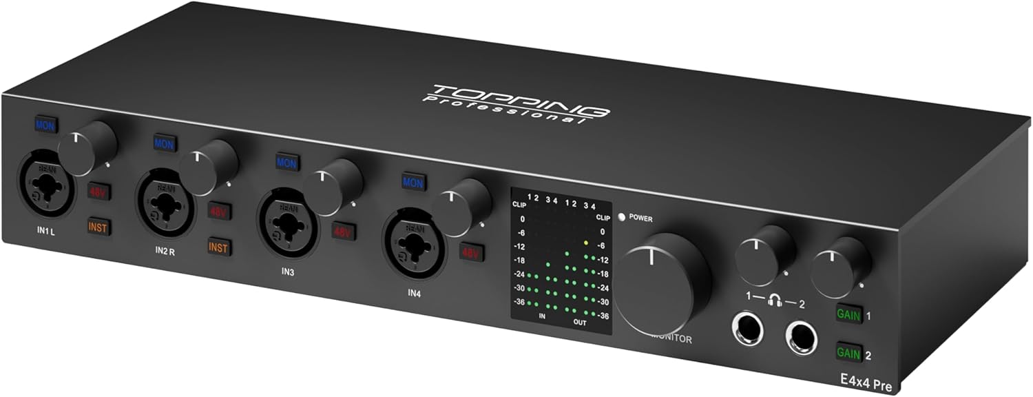 TOPPING E4X4 Pre USB Audio Interface - Dual USB-C Ports, 24bit/192kHz, 4IN/4OUT, Dual Headphone Outputs, Low Noise, Real-Time Monitoring, Mixer, for PC, Mac, iPhone, Professional Recording(Black)