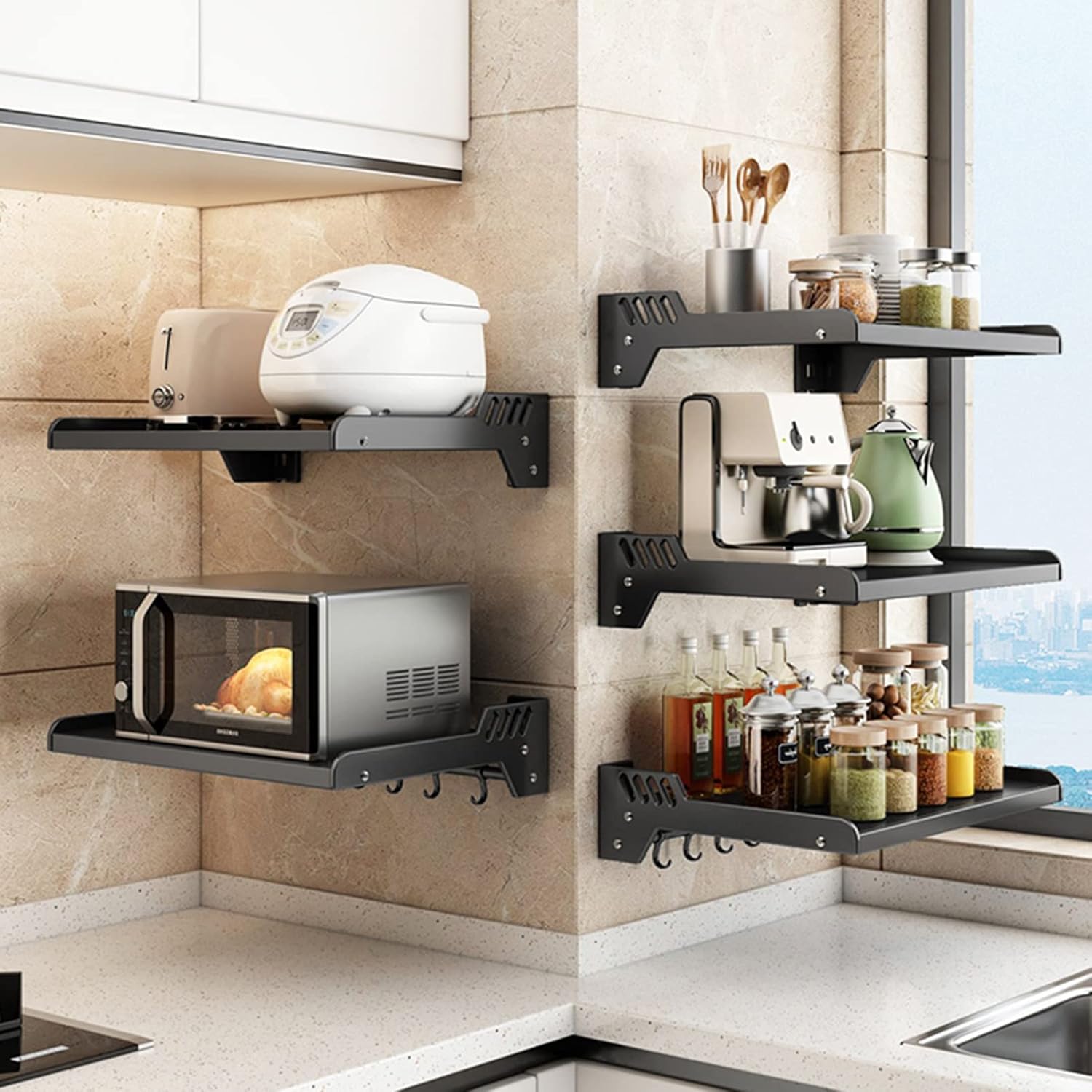 Commercial/Household Wall Mount Bracket Metal Shelving, Kitchen Spice Rack Microwave Oven Shelf with Hooks, Multifunctional Storage Stand Holder, Bathroom Organizer Shower Caddy Storage