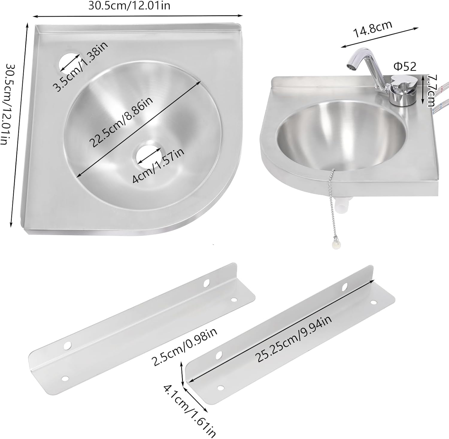 Triangular Stainless Steel Sink,Bathroom Sink Wall Mount Corner Small Sink,Corner Sink Mini Vanity Space Kitchen Sink Basin for Kitchen Bathroom Lavatory, Single Bowl Sink (with Faucet GR-S088)