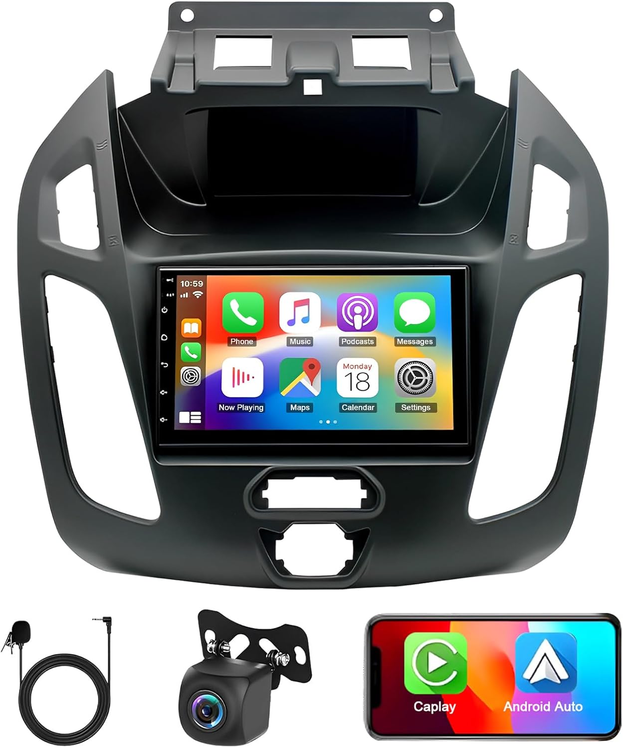 4+64G 7 inch Car Radio Stereo for Ford Transit Custom 2018-2022, 1080P Double Din Touch Screen Car Audio Receiver with w/carplay Andriod 14 Auto, w/Bluetooth, GPS, SWC, WiFi, HD Backup Camera