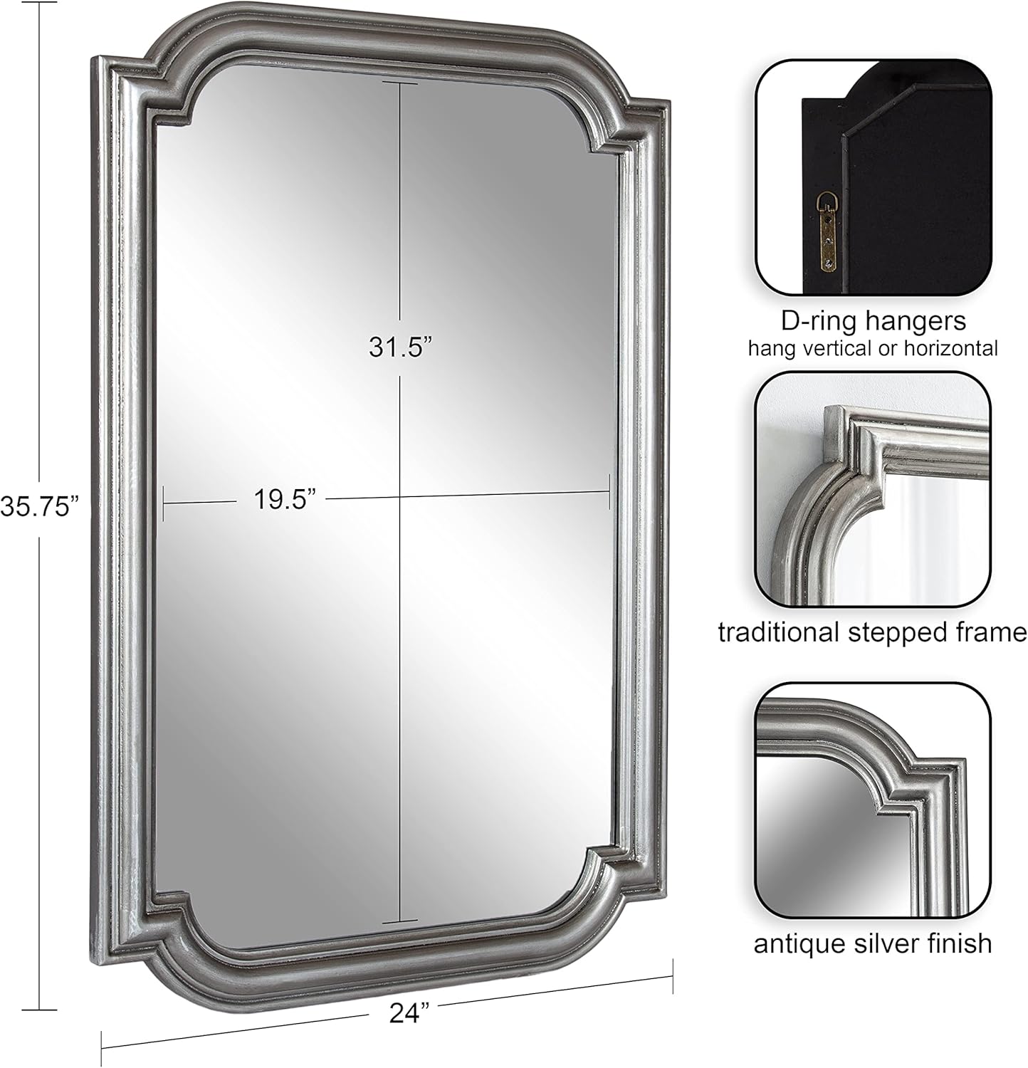 Kate and Laurel Kinsman Traditional Glam Rectangle Scallop Wall Mirror; 24 x 36; Silver; Decorative Scalloped Wood Mirror with Radius Corners for Vertical or Horizontal Display
