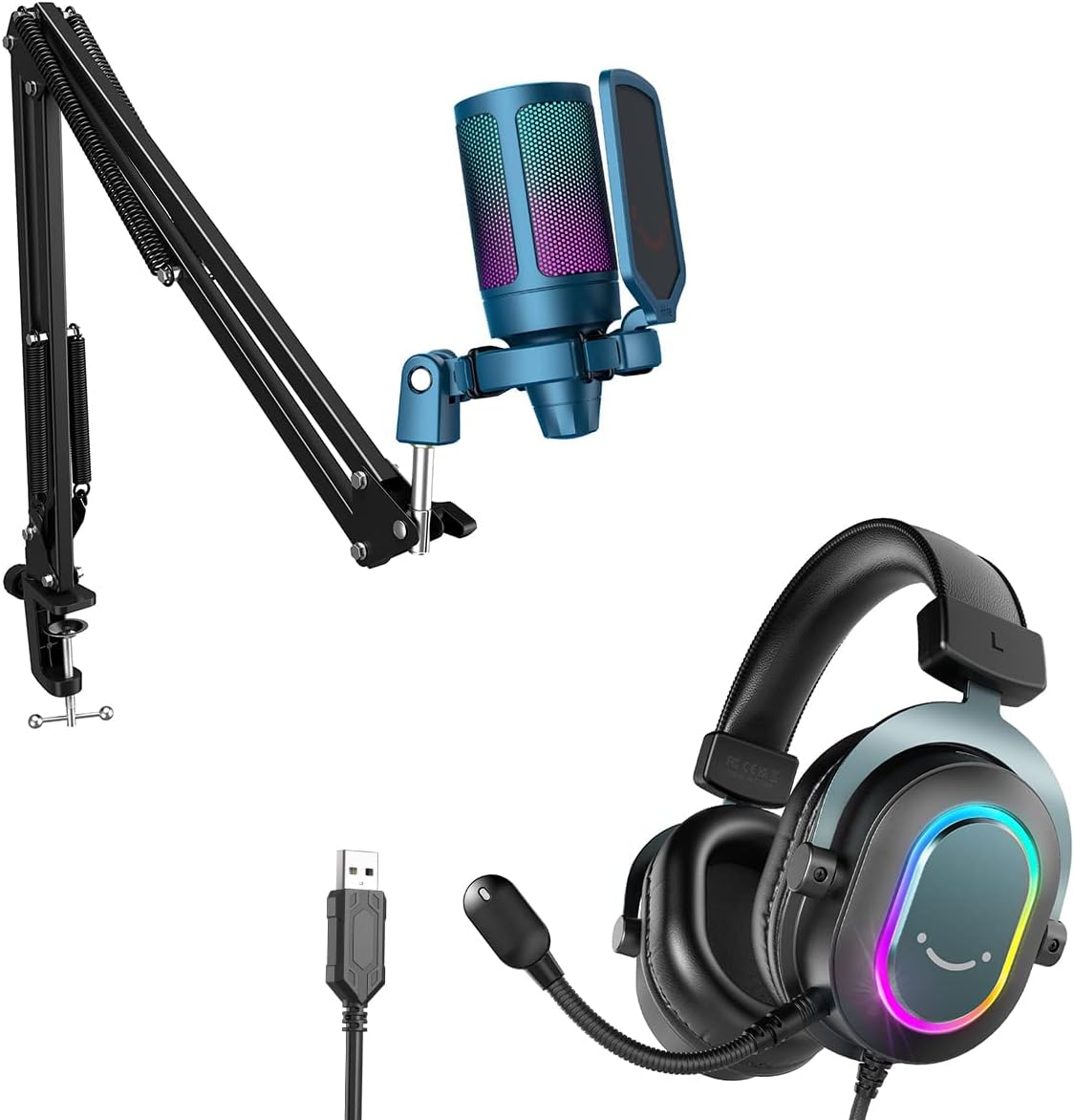 FIFINE Gaming PC Microphone USB Headset Bundle for Streaming Recording, RGB Condenser Computer Mic with Boom Arm Stand, Wired RGB Headset with EQ Mode, for Podcasts, Vocal, Video-Blue (A6TB+H6)