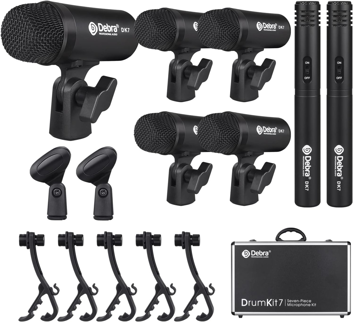 D Debra DK7 Pro 7-Piece Wired Drum Microphone Kit for Performing and Recording Drummers, Includes Mics, Mic Clip with Options for Kick Drums, Snare, Rack/Floor Toms, Congas and Cymbals
