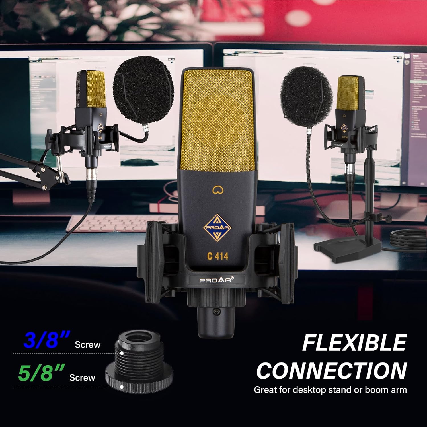XLR Podcast Microphone Professional Cardioid Studio Condenser Microphone 25mm Large Diaphragm Computer PC Gaming Mic Kit with Upgrade Pop Filter for Vocal Recording,Streaming,YouTube C414