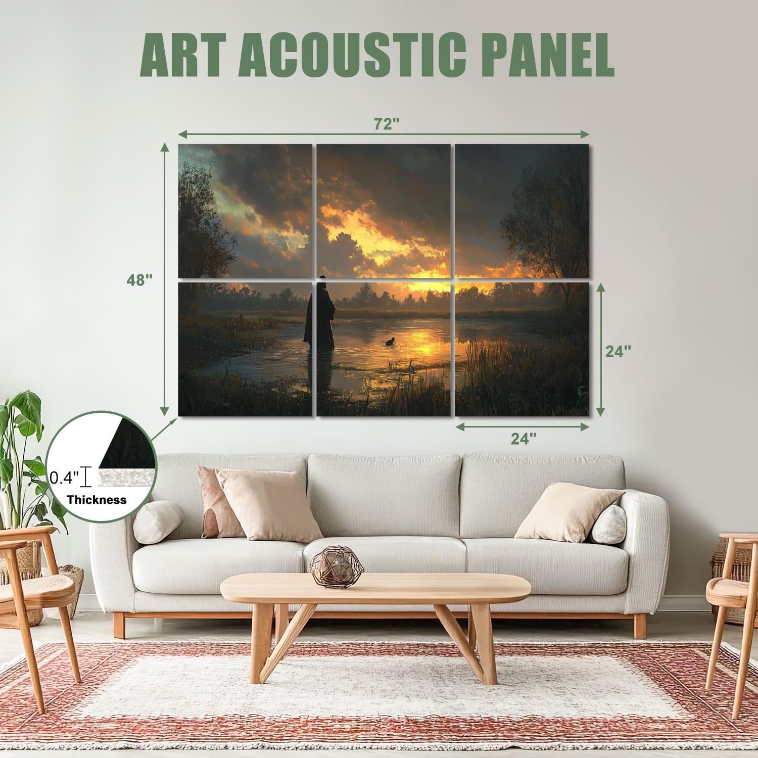6 Pack Art Acoustic Panels Sound Absorbing Back Sunset Silhouette Water Reflection Trees Stormy Sky Realistic Decorative Soundproof Wall Panels Self Adhesive for Recording Studios Office 72