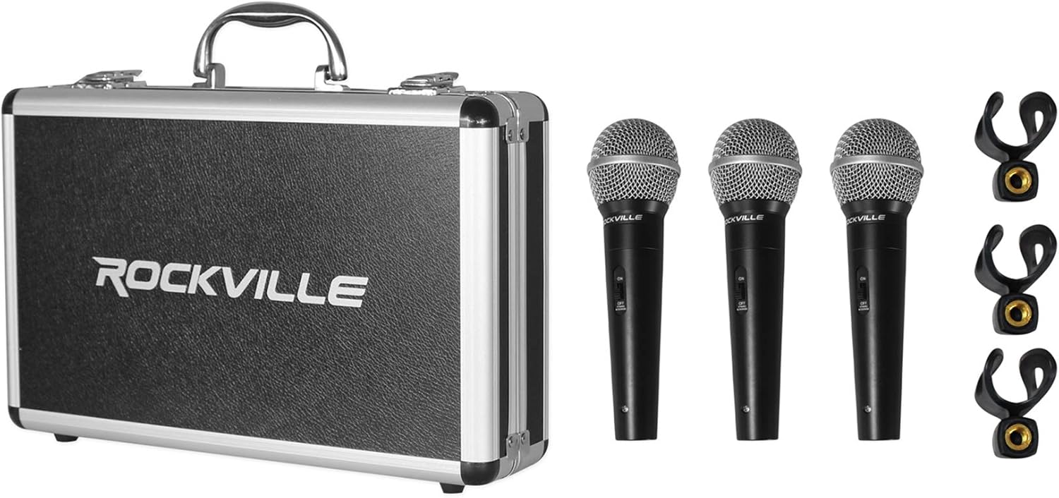 Audiosavings Bundle: (1) Mackie ProFX10v3+ 10-Channel Analog Mixer w/Enhanced FX/USB Recording/Bluetooth Bundle With (1) Rockville RMC-3PK 3 Pack Metal Wired Vocal/Instrument/DJ Microphones+Metal Case