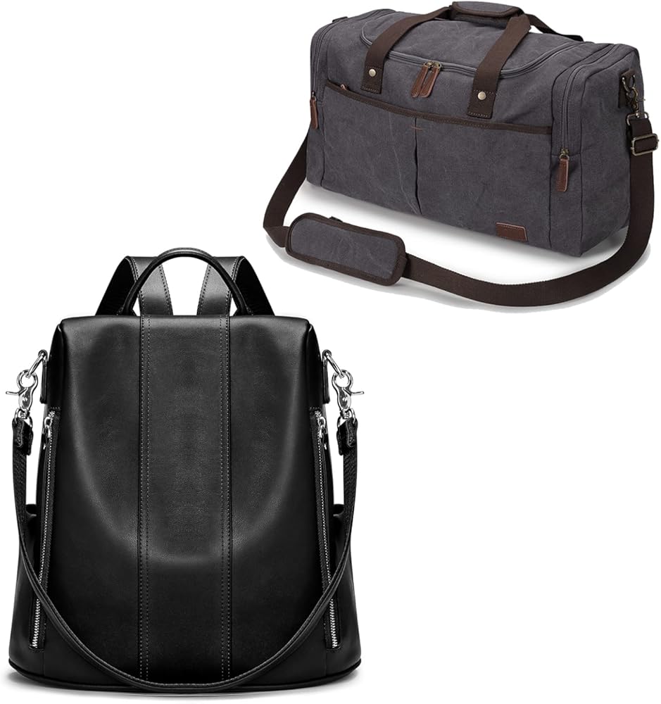 S-ZONE Leather Backpack for Women with Canvas Duffel Bag