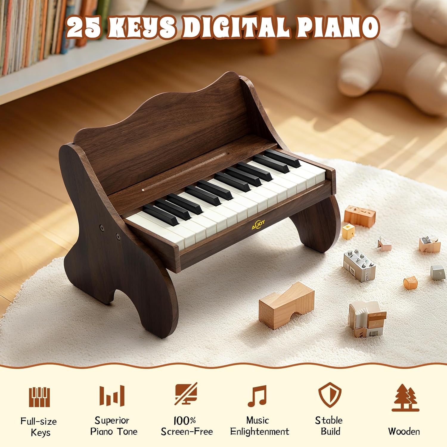 AiJoy Kids Piano Keyboard, 25 Keys Digital Piano for Toddler Kid, Mini Music Educational Instrument Toy, Wood Gift for Children Girls Boys, Volume Adjustable