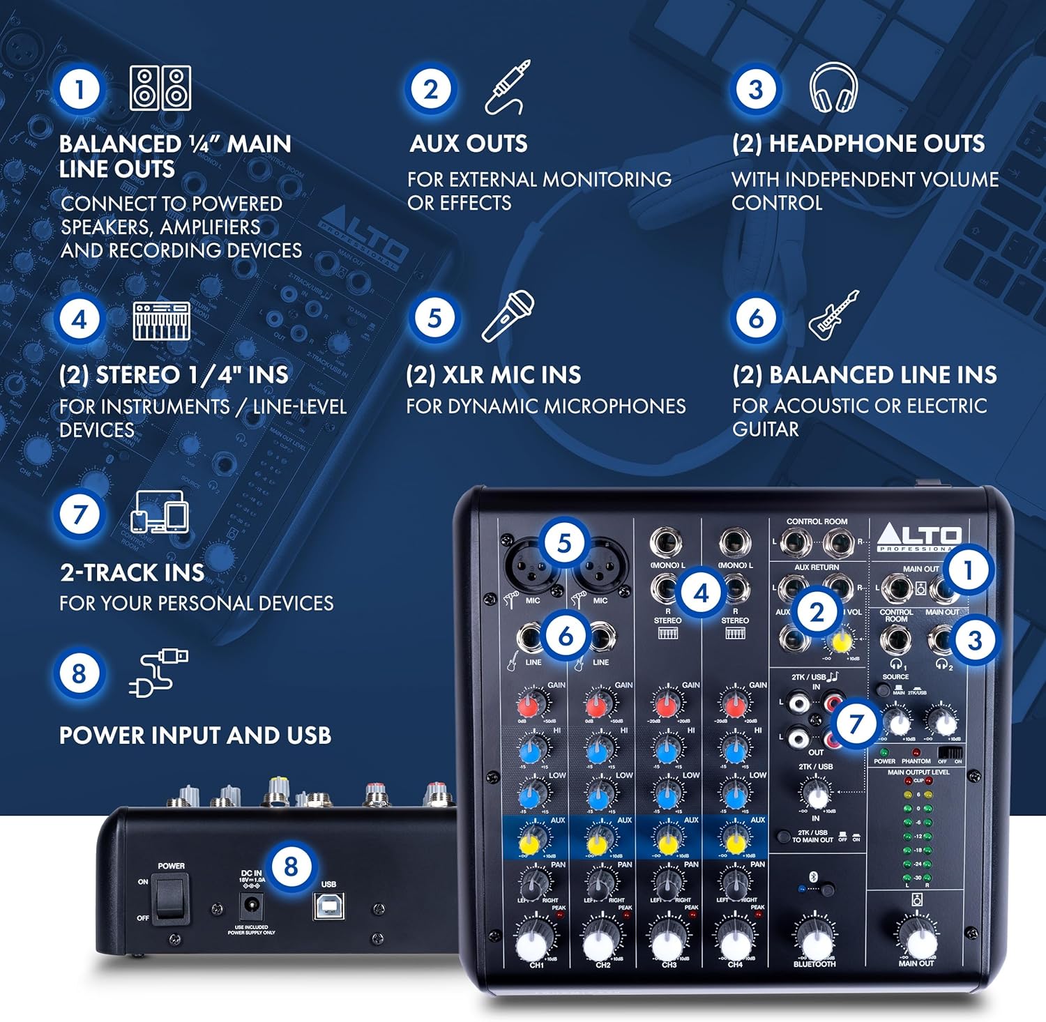 ALTO TrueMix 600 Audio Mixer with 2 XLR Mic Ins, USB Audio Interface and Bluetooth for Podcasting, Live Performance, Recording, DJ, Mac and PC