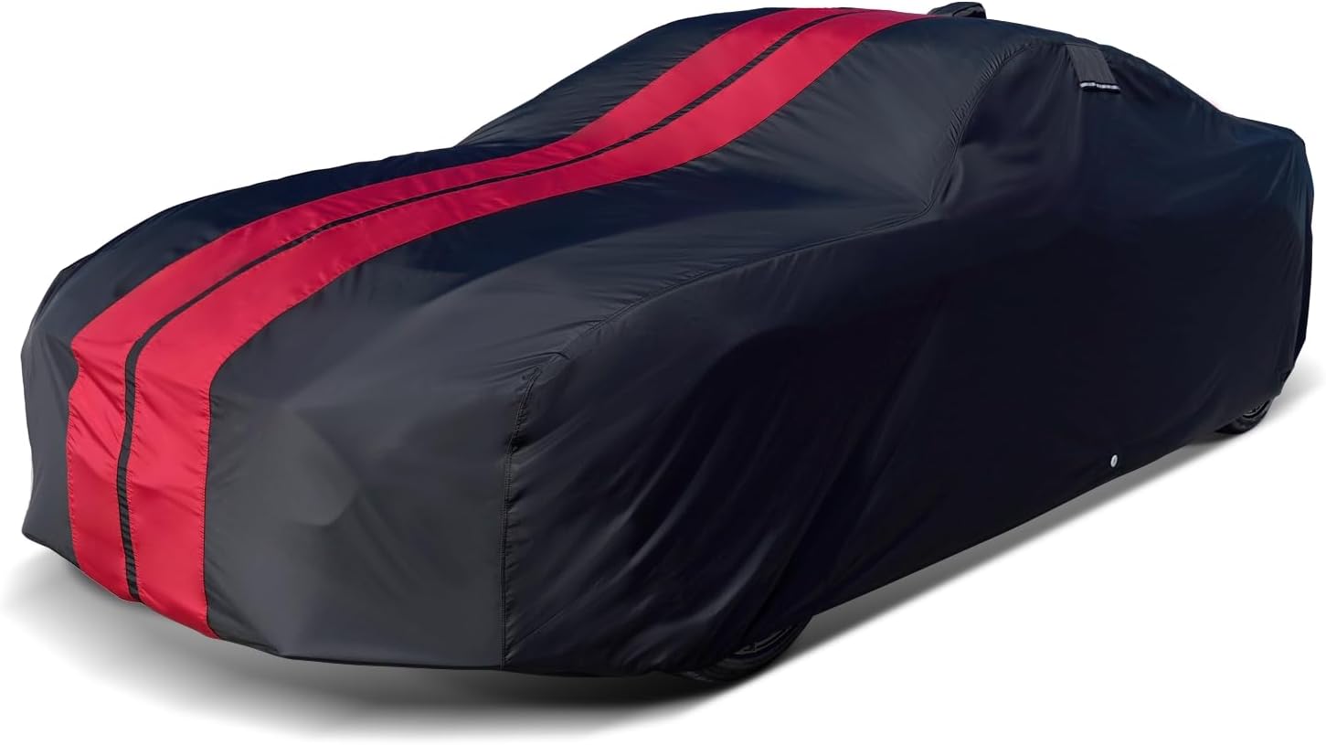iCarCover Premium Car Cover for 1962-1971 Plymouth Belvedere 2-Door, 4-Door Heavy Duty Waterproof All Weather Automobiles Custom Fit Full Exterior UV Snow Rain Protection Covers (Stripe - Black/Red)