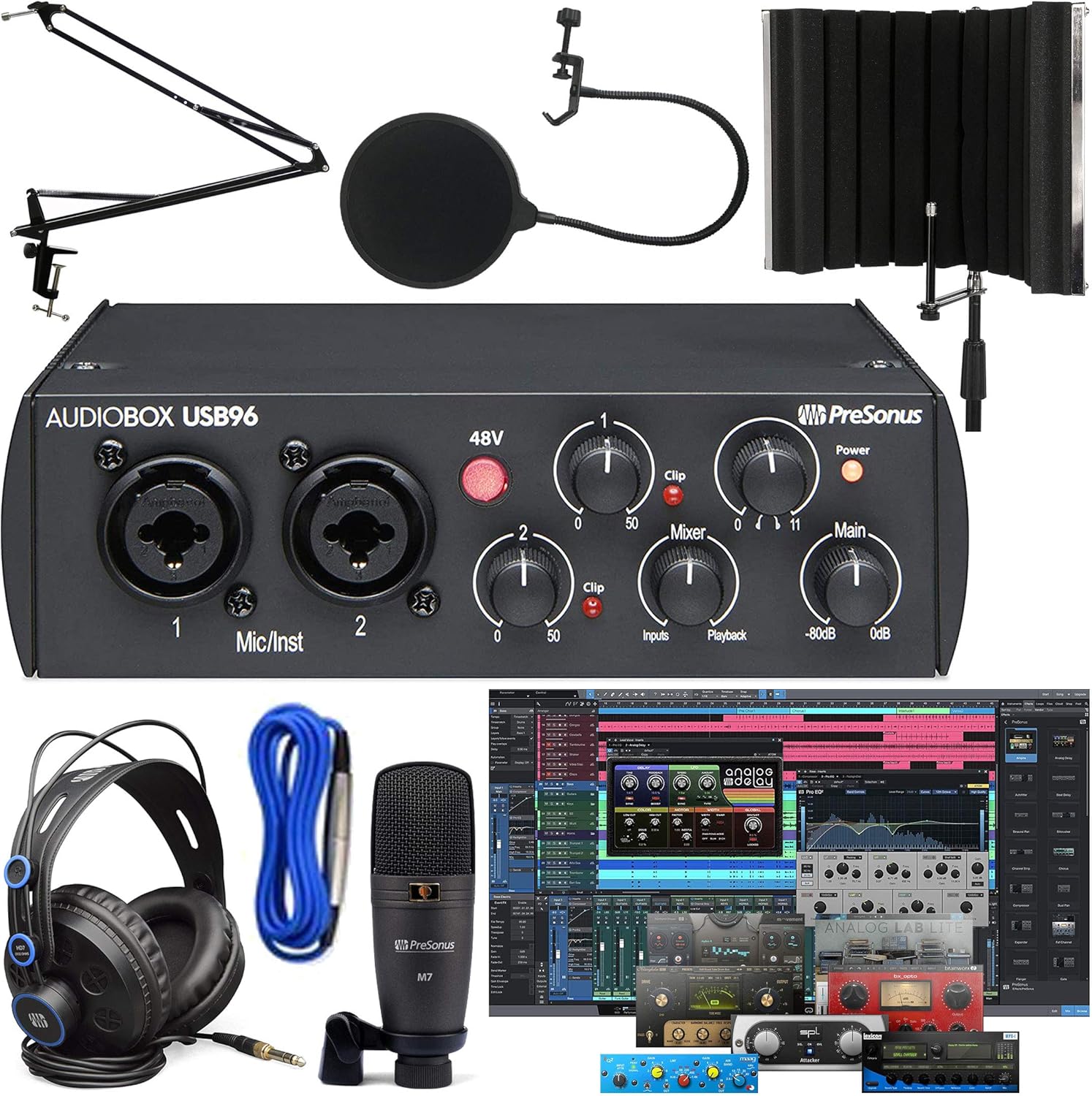 PreSonus AudioBox 96 Studio with Headphones, Microphone, XLR, Pop Filter, USB Cable and LyxPro Sound Absorbing Vocal Recording Isolation Shield, and Updated StudioOne 5 Artist Software Kit (Download)