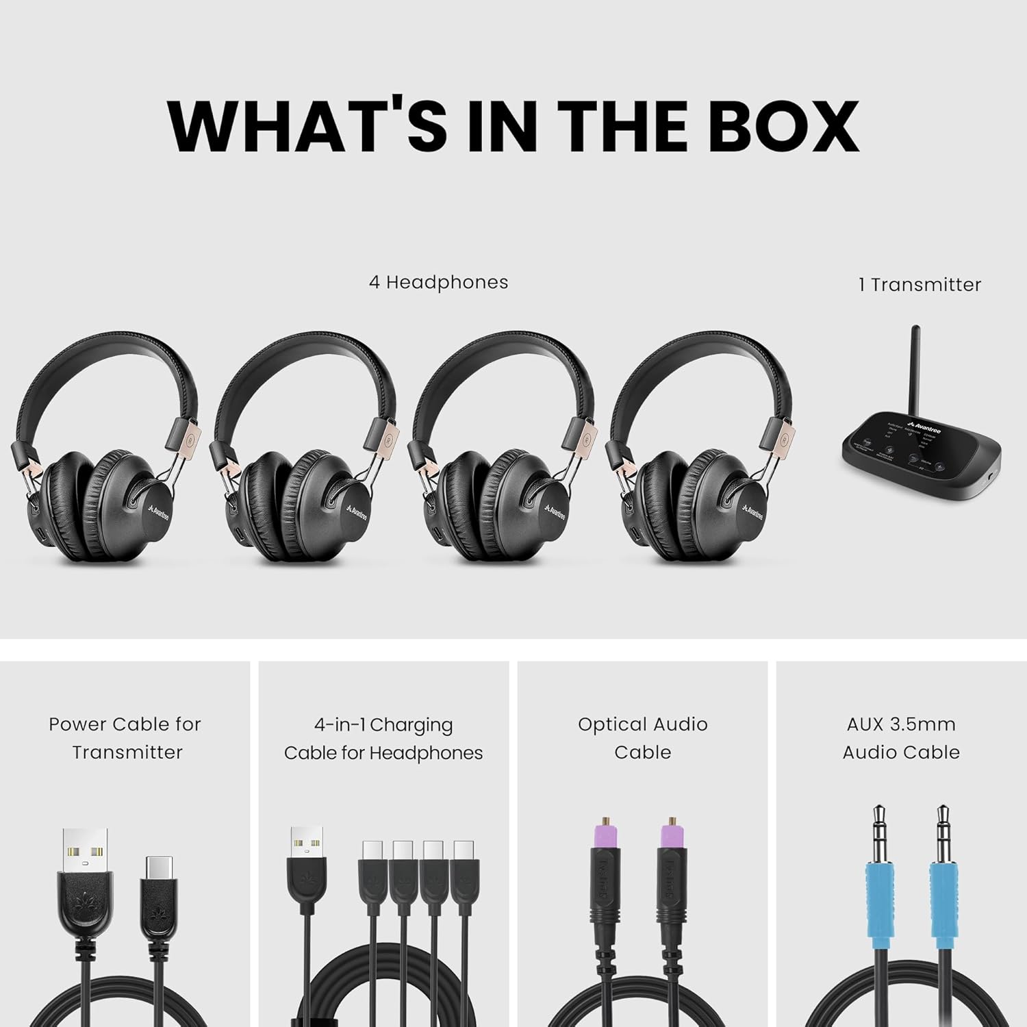 Avantree Quartet 2 - Wireless Group Listening Headphones & Transmitter for TV, Church, Classroom, Silent Discos, Plug & Play, 2.4GHz Expandable Multi-Headphone System with Low Latency & Clear Voice