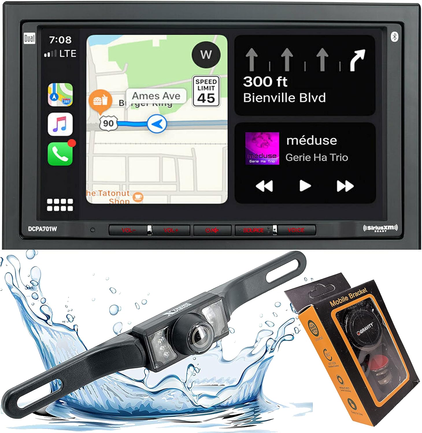 Dual DCPA701W 7-Inch Single-DIN in-Dash Digital Media Receiver with Bluetooth, Android Auto and Wireless WiFi CarPlay Android Auto to The Unit with Gravity Magnet Phone Holder and Camera PK1 Bundle
