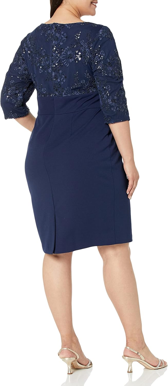 Alex Evenings Womens Plus-Size Midi Length V-Neck Shift Dress with SleevesSpecial Occasion Dress