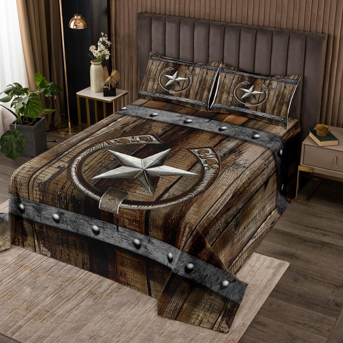 Erosebridal Rustic Farmhouse Bedspread,Rusty Horseshoe Texas Star Quilt Set Brown Vintage Western Country Cabin Quilted Bedding for Boys Adults Men Old Barn Wooden Garage Door Coverlet Set 3 Pcs,King