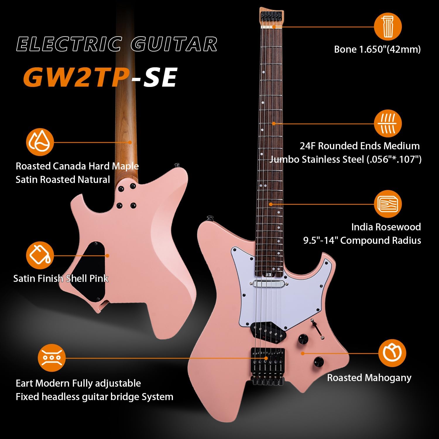 EART GW2TP-SE Lightweight Headless Electric Guitar, Solid Electric Guitar, Roasted Mahogany Body, Custom Artones-TSE pickups with Guard, Satin Finish