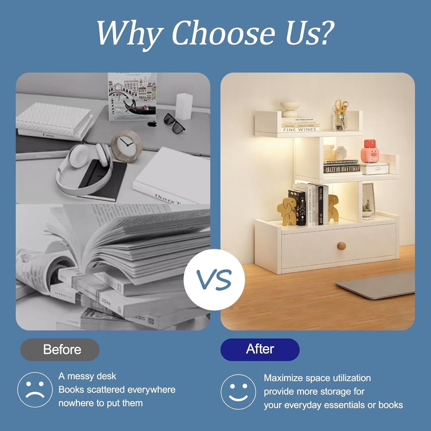 Desktop Bookshelf Storage Organizer Bookcase, Freestanding Display Rack Shelving Unit Small Book Organizer Hutch for Top of Desk Shelf(White)