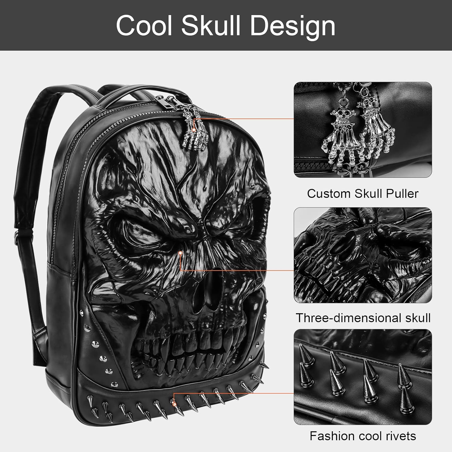 XUANNIAO 3D PU Leather Skull Backpack - Back Packs Steam Punk Rivet Personality Travel Bagpack College/High School Bags Bookbag School Computer Bag Laptop Backpack
