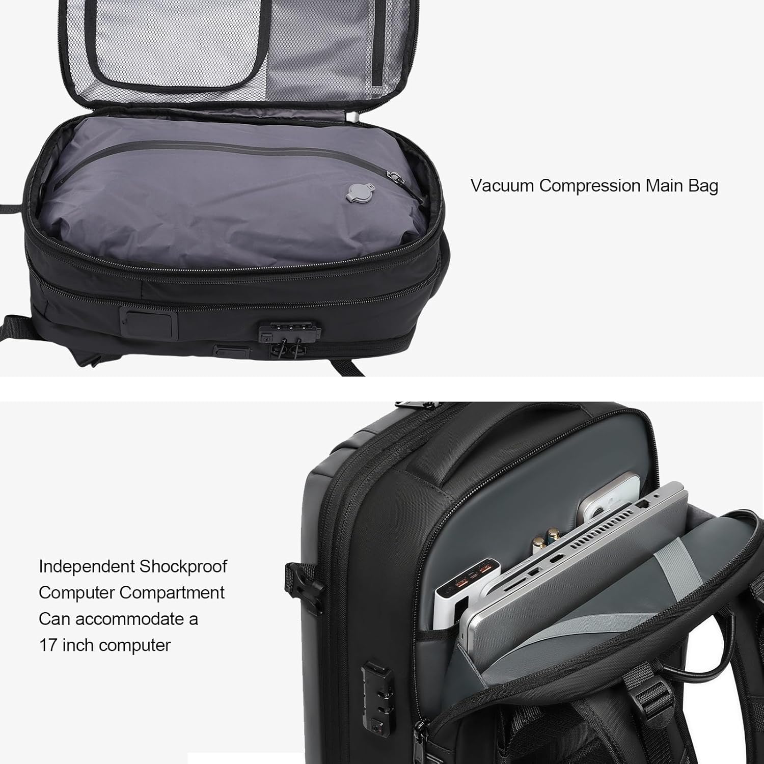 Vacuum Seal Backpack, 25L - 60L Expandable Carry On Compression Backpack with Lock, Travel Vacuum Storage Bags Backpacks for Short Trip Business (Grey)