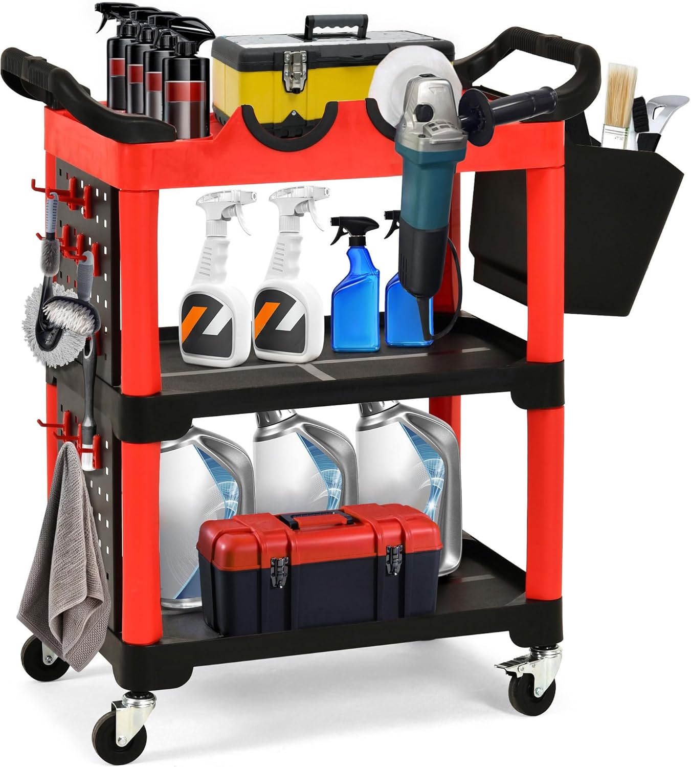 YITAHOME Auto Detailing Cart with Wheels, 3 Tier Rolling Detail Cart with 2 Polisher Brackets, Car Wash Organizer Cart with 2 Hanging Plate & Hooks & Hanging Bucket for Garage, Workshop, Repair Shop