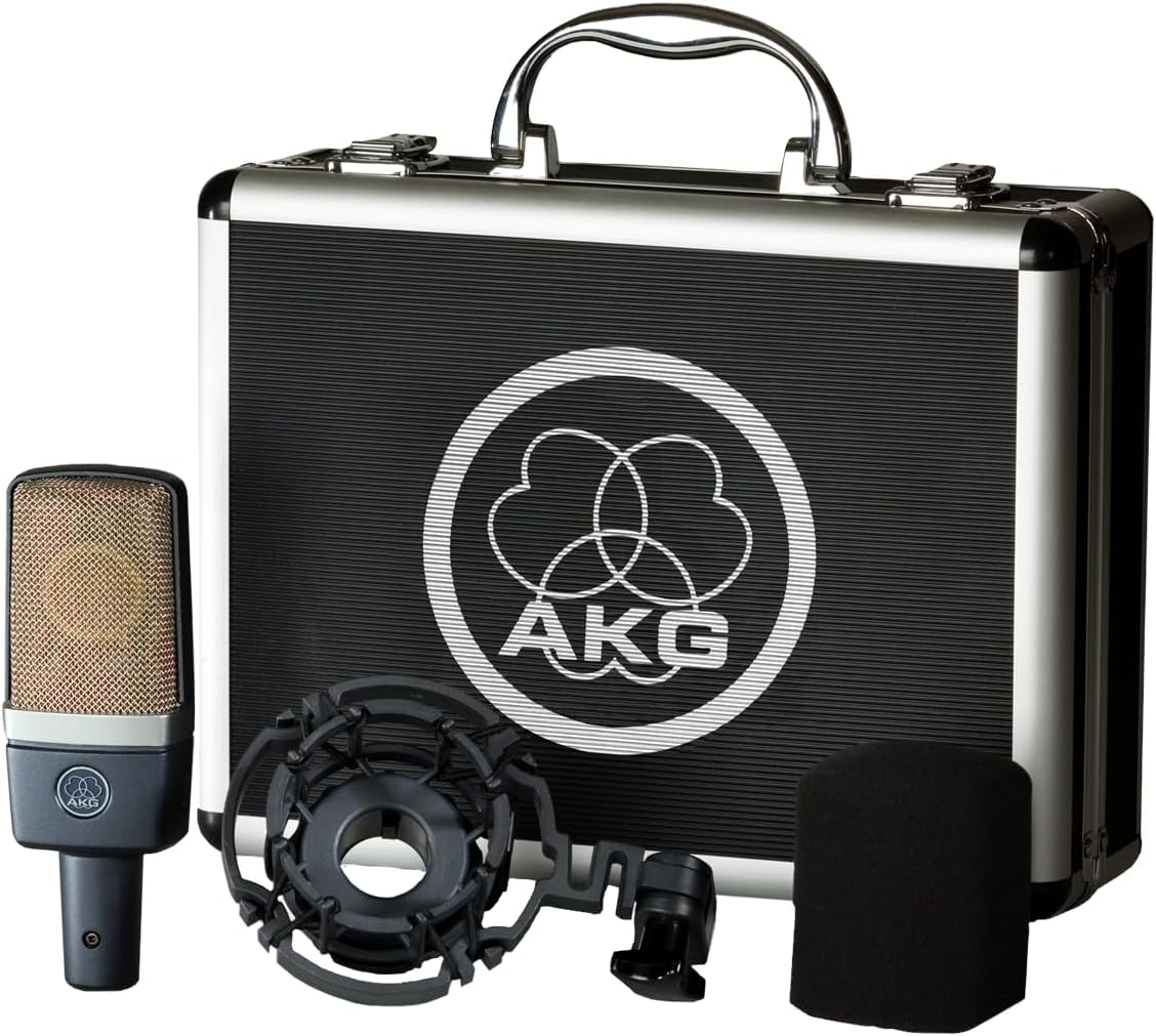 AKG Pro Audio C214 Studio Grade Professional Large Diaphragm, Single Capsule, Vocal and Instrument Condenser Microphone with Rugged Aluminum Carrying Case. XLR Connector. Gray with Gold