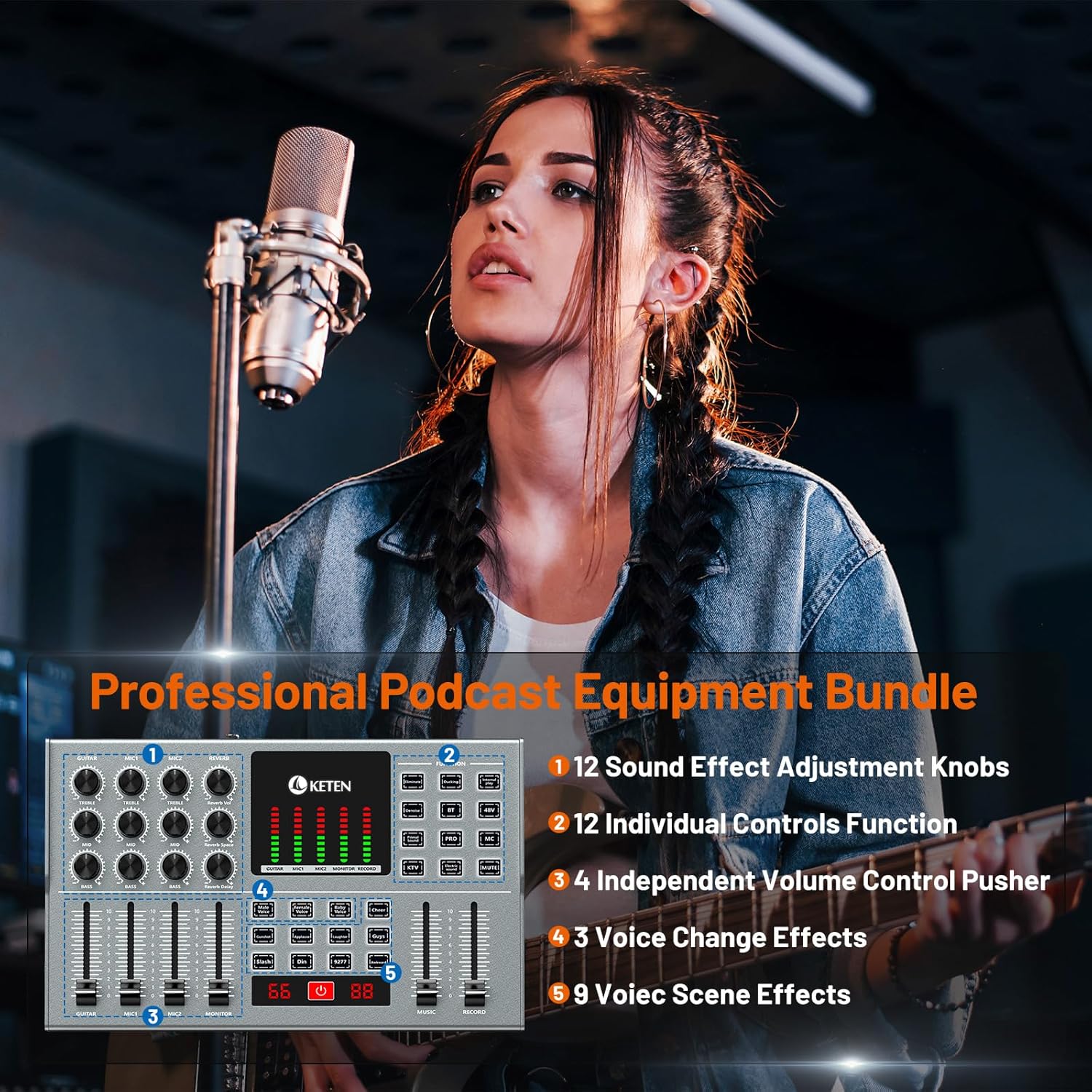 Podcast Equipment Bundle For 2, Keten Audio Interface with 48V & 3.5MM XLR Condenser Microphones for All-In-One DJ Mixer, Smartphone & PC, Perfect for Podcasting, Recording, Singing, Streaming, Gaming