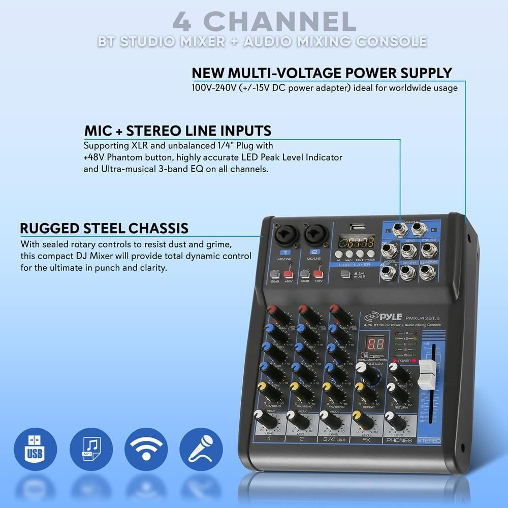 Pyle Professional Audio Mixer Sound Board Console System- Interface 4 Channel Digital USB Bluetooth MP3 Computer Input 48V Phantom Power Stereo DJ Studio Streaming FX 16-Bit DSP Processor- PMXU43BT.5