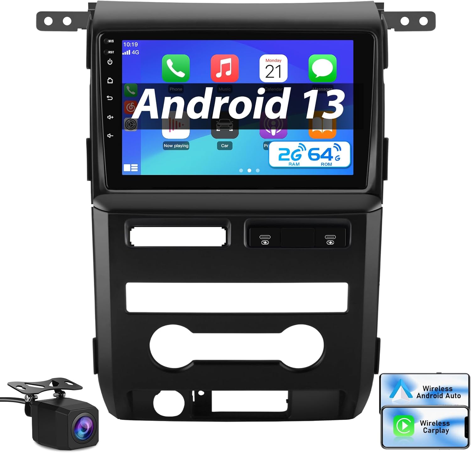 Car Radio for Ford F150 2009-2012, 2GB RAM+64GB ROM, Wireless CarPlay/Android Auto, SWC, Backup Camera HD, Manual AC Only, 9