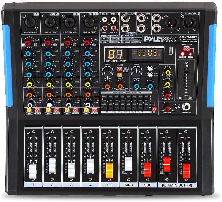 Pyle 4-Channel Bluetooth Studio Audio Mixer-DJ Sound Controller Interface with USB Drive for PC Recording Input, XLR Microphone Jack,48V Power,Input/Output for Professional and Beginners - PMXU46BT