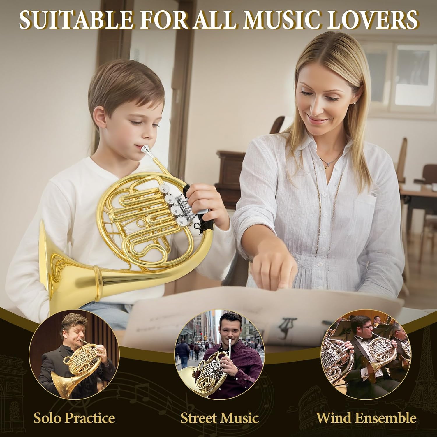 French Horn B Flat, 4 Key Gold Single French Horn Beginner Set for Students & School Bands‌ Brass Lacquer Craft Includes Musical Instrument Box Mouthpiece, Gloves, Cleaning Kit
