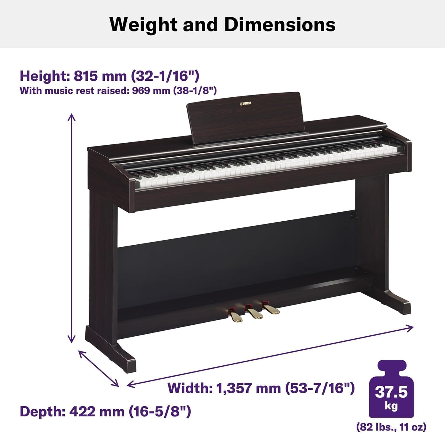 Yamaha Arius Series 88-Key Weighted Action Upright Digital Piano for Beginner and Intermediate Players, Dynamic Response, Grand Piano Sound, 3-pedal Unit, Bench Included, Rosewood YDP105R