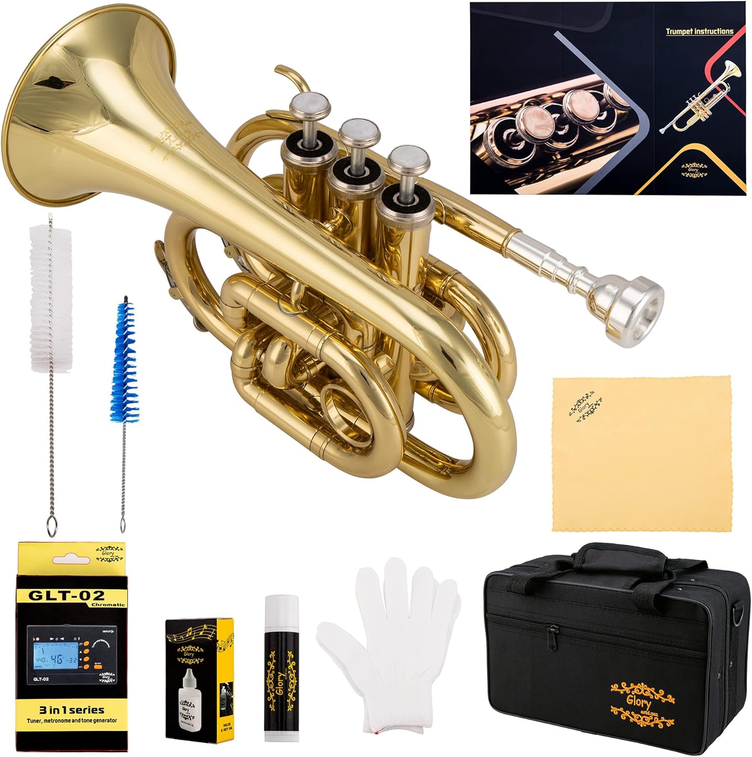 Glory Bb Pocket Trumpet with Case, Cleaning Cloth, Gloves, Gold Lacquer (LAQUER)