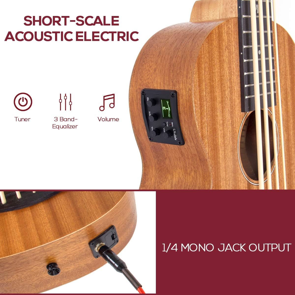 lotmusic Electric Acoustic Bass Ukulele 30 inch African Blackwood Professional Aquila EADG with Gig Bag Strap for Beginner and advanced.