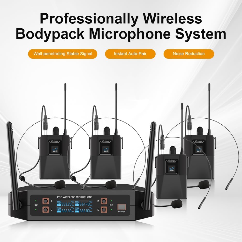 ST-102 4-Channel Wireless Microphone System, UHF Wireless Microphone kit with 4 Bodypacks and 4 Headsets Mics, auto-scan, 200-foot Coverage, for Singing, Karaoke, DJs, Churches