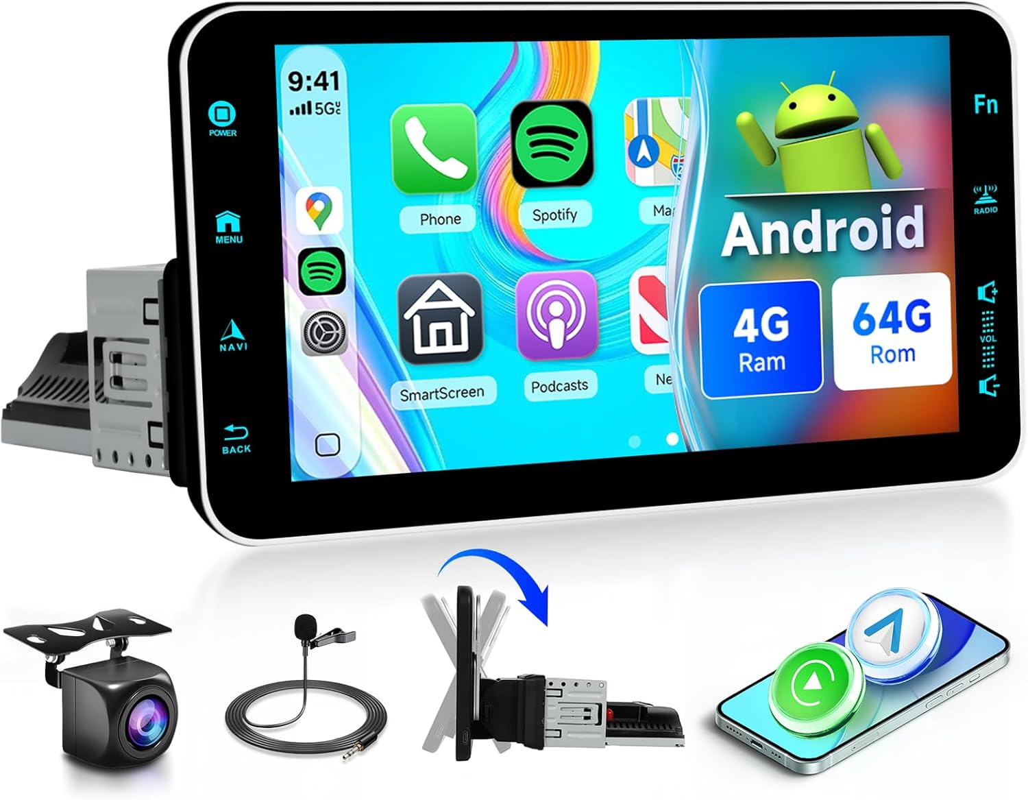 4G+64G Andriod Single Din 9-Inch Touchscreen Car Stereo with Wireless Carplay Android Auto, Car Radio Rotatable Screen 1 Din Bluetooth Mirror Link GPS WiFi, FM/RDS EQ with Backup Camera+Phone Holder