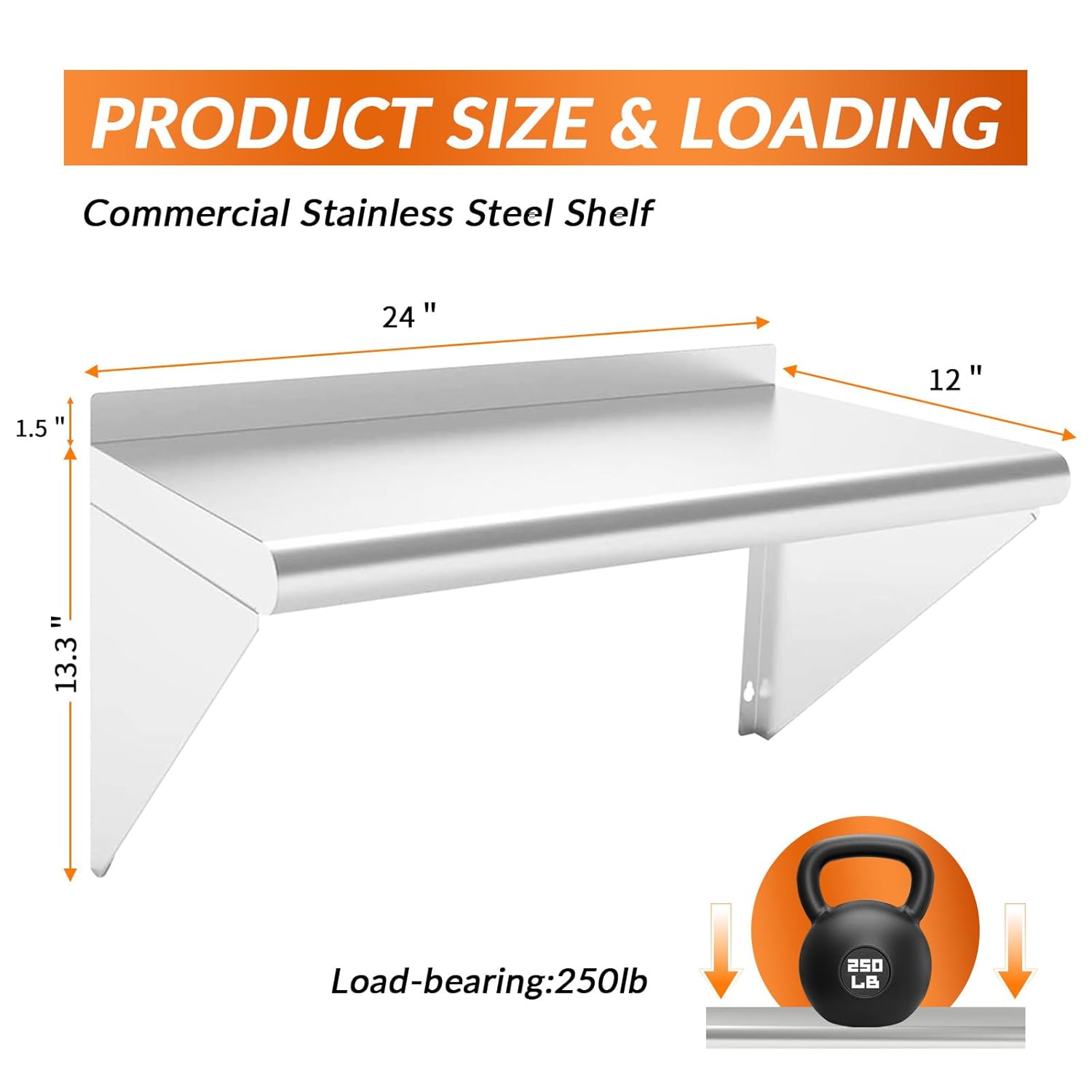 Commercial Stainless Steel Shelf 12 x 24” 2 Pack, Wall Mounted Food Service Storage Rack Shelves, Heavy Duty 250 lb Metal Shelf for Kitchen, Restaurant, Food Truck, Garage, Laundry Room