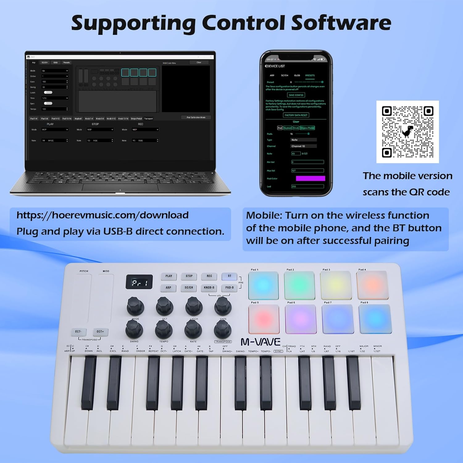 M-VAVE 25 Keys 8 Backlit Drum Pads MIDI Keyboard – Professional Beat Maker and Keytar for Keyboard Music Production Builtin Battery Wireless Connect White