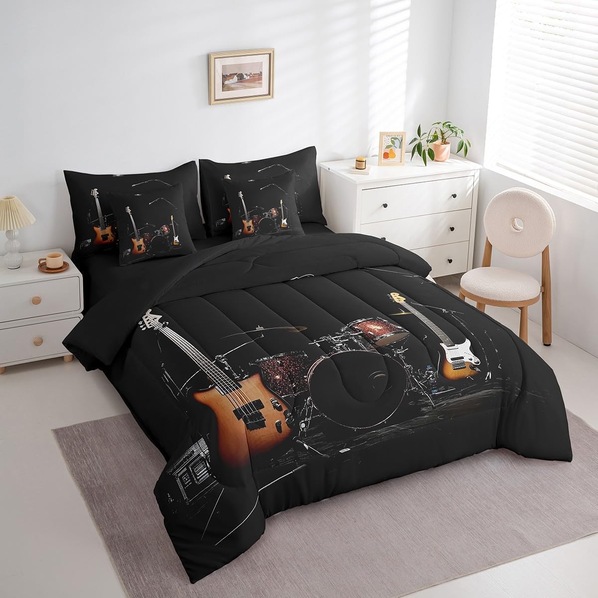 jejeloiu Musical Instrument Comforter Set 7 Pieces Queen Size Guitar Drum Kit Bedding Set for Kids Boys Girls Black Orange Bed in a Bag with Comforter + Sheets + Pillowcases + Cushion Covers