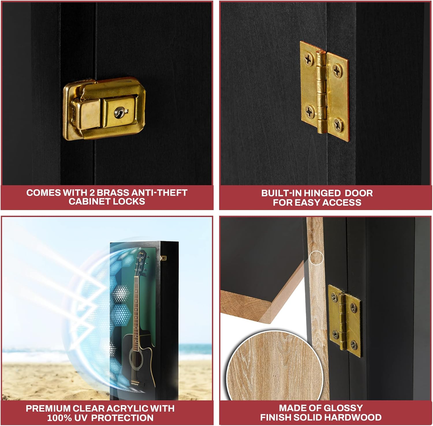 PENNZONI Acoustic Guitar Display Case - Acrylic Acoustic Guitar Case - Guitar Display Case Wall Mount Made from Hardwood Frame & Clear Acrylic - Black w/Felt Green