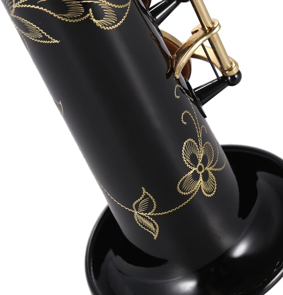 Brass Straight Soprano Sax Saxophone Bb B Flat Woodwind Instrument Natural Shell Key Carve Pattern with Carrying Case Gloves Cleaning Cloth Straps Cleaning Rod