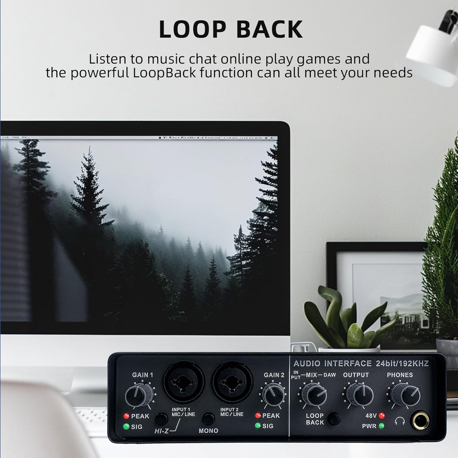USB Audio Interface for Recording Professional Sound Card with 48V Phantom Power Loopback USB External Sound Card Plug and Play 0-Latency Monitoring for Music Concerts Recording Studios