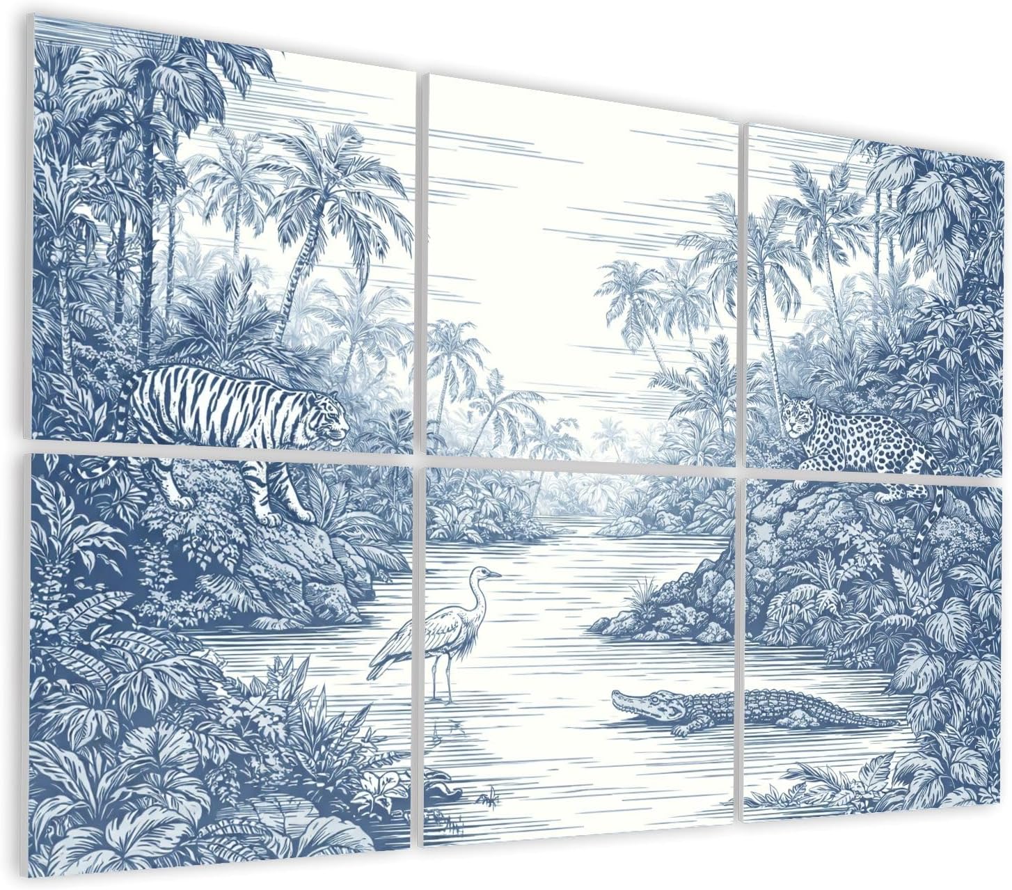 6 Pack Art Acoustic Panels Self Adhesive Toile Engraving Tropical Islands Seamless Oriental Palm Trees Wildlife Decorative Soundproof Wall Panels Sound Absorbing Panel 48