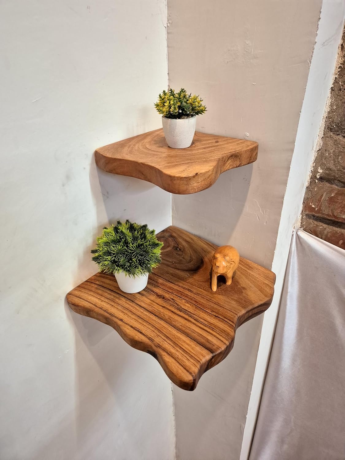 Finished Live Edge Wood Corner Shelf Wall Mount, Set of 2 Solid Acacia Wood, Corner Shelves with Brackets, Smooth- Durable - Attractive Shelves for Bedroom Living Room Bathroom Kitchen