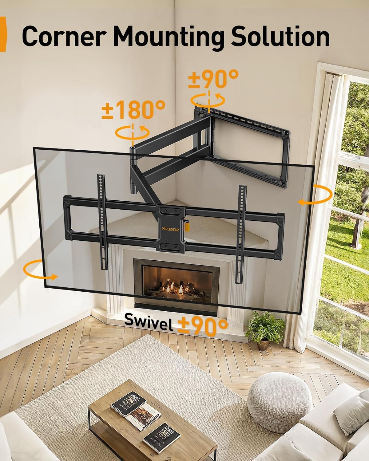 Perlegear Long Arm Full Motion TV Wall Mount for 42–97 Inch TVs up to 150 lbs, Pre-Assembled TV Mount with Full Swivel, Tilt and Extension, Fits 8″/12″/16″/24″ Wood Studs, Max VESA 800x400mm, PGXLF02