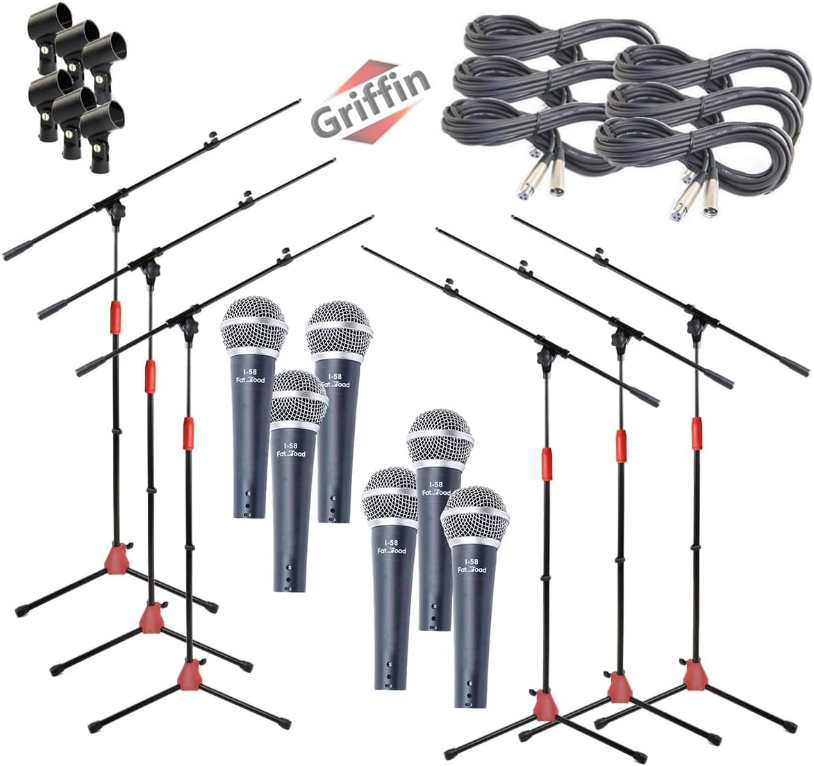 GRIFFIN 6 Pack Boom Mic Stands (StageLOCK Series) with Cardioid Vocal Microphones & 20ft XLR Cables – Tripod base for Studio Recording or Karaoke