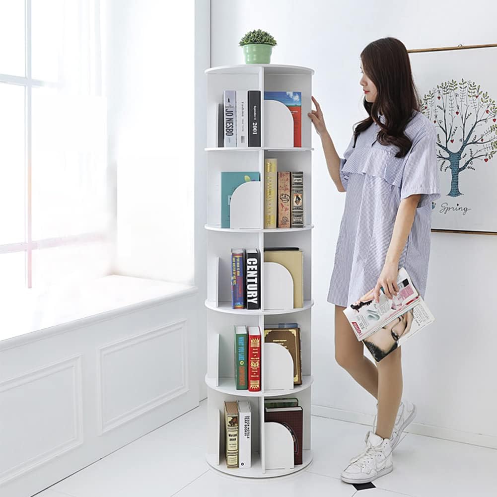 360° Rotating Bookshelf,Modern Floor-Standing Bookcases for Small Spaces, Multifunctional Display Organizer Assemble Easily(White) (46x46x65cm(18x18x26inch))