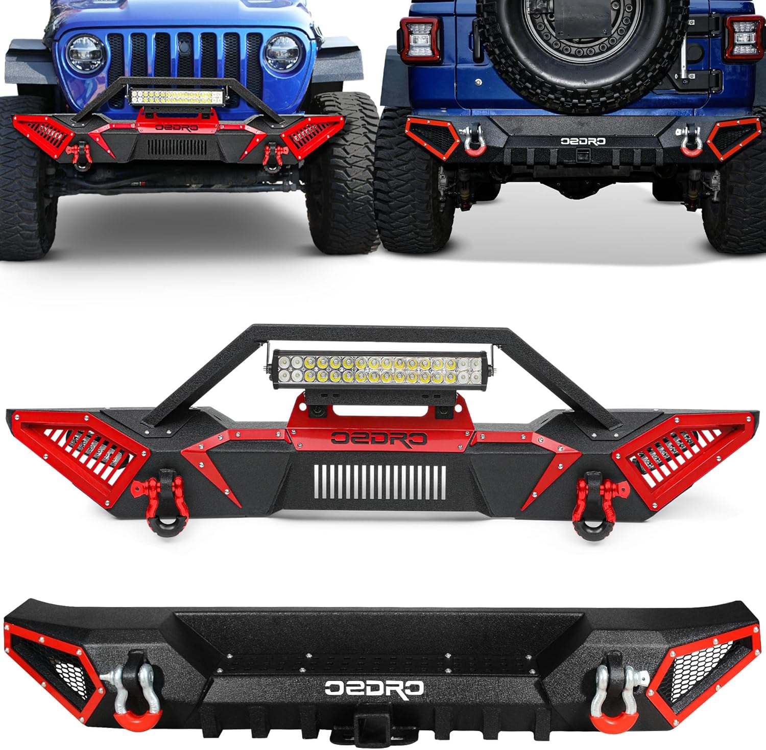 OEDRO Front and Rear Bumper Compatible with 2018–2026 Wrangler JL JLU Unlimited (2/4-Door), Rock Crawler Full-Width Bumper with 2 x LED Lights, 2