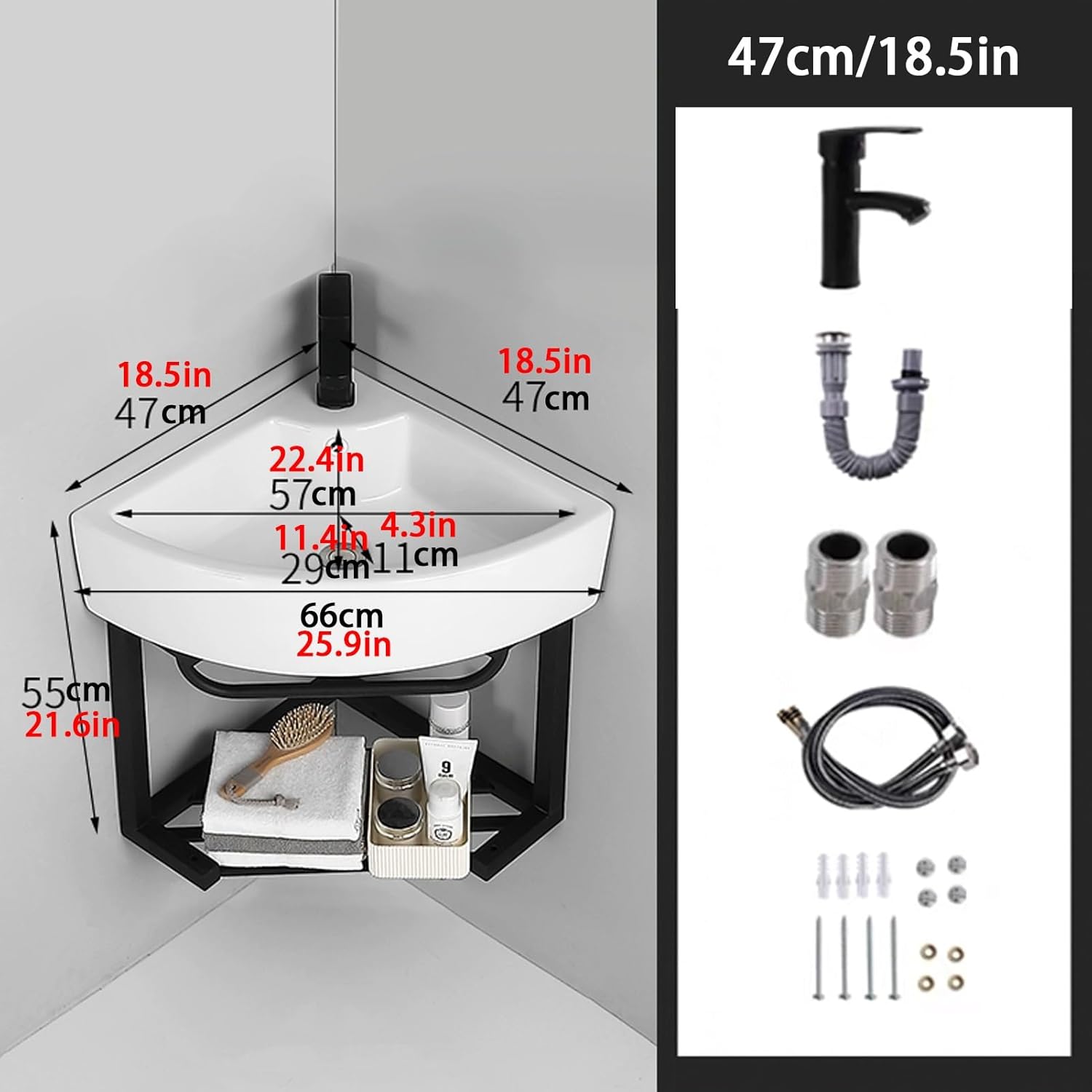 Corner Wall Mount Bathroom Sink, Bathroom Vanities with Towel Bar, Stainless Steel Bracket Ceramic Wash Basin, Vanity Sink for Home Kitchen Patio Laundry Room