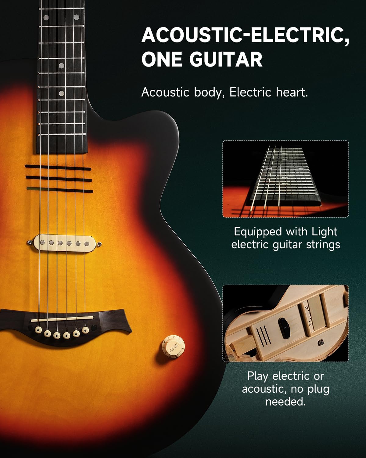 Moukey BCC-100 Acoustic Electric Guitar 39-Inch, Cutaway Guitar with Passive Pickup, Gig Bag, Strap, Picks, Tuner, and Capo, Dual Acoustic＆Electric Modes, Sunburst