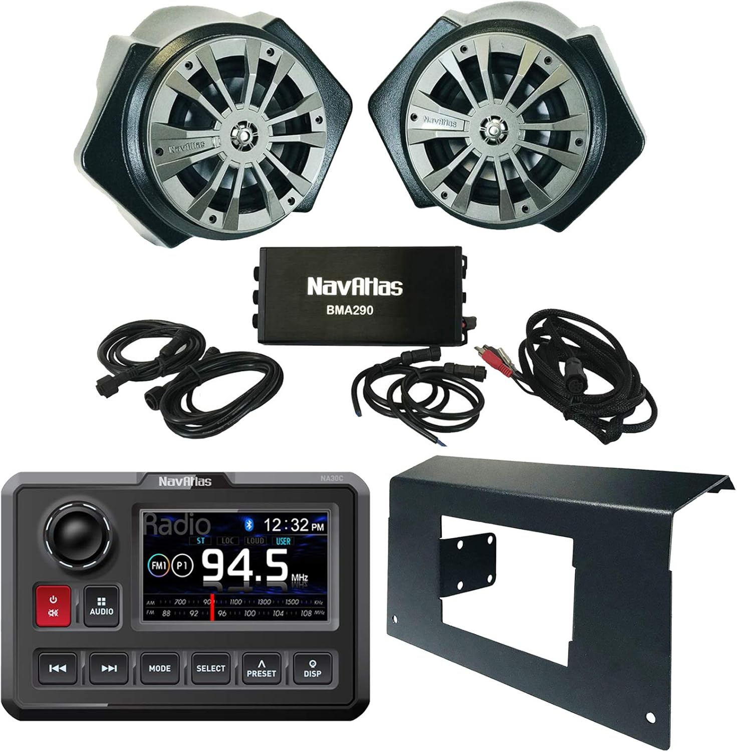 NavAtlas Digital Media AM/FM Radio Bluetooth USB Waterproof Powersports Receiver Bundle Combo with 6.5